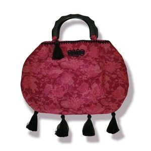 Handmade by Sasi's Hand Bag Floral Red with Gold Wooden Handles
